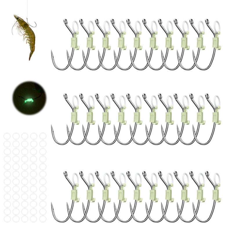 KANAMA Luminous Live Shrimp Hooks - High Carbon Steel Fishing Hooks with Barbed, Saltwater Corrosion Resistant Strong Hooks, Ideal for Bass, Groupers, Pike & More, Medium, 30 Pcs - Image 1